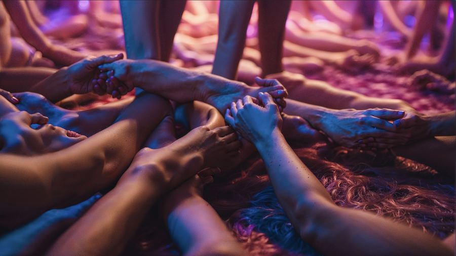 Image of the limited edition by Andrea Khôra, showing a vivid digital artwork of arms reaching out on top of one another