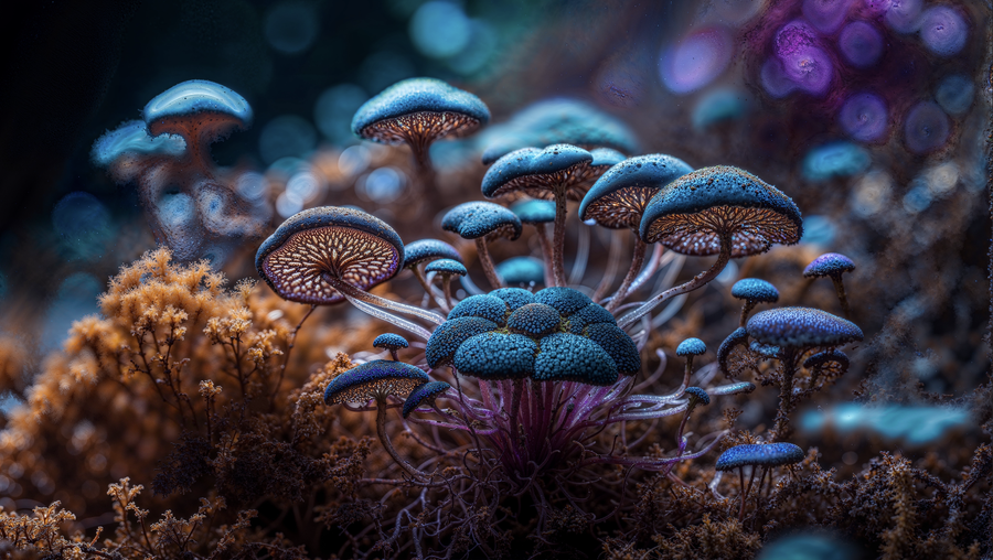 Image of the limited edition by Andrea Khôra, showing a vivid digital artwork of glowing mushrooms growing from the ground