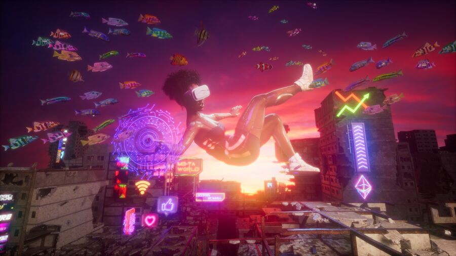 A bright pink computer generated imaged showing a woman wearing a VR headset in mid-air above a city