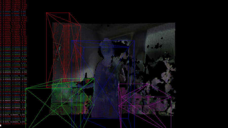 A computer generated image showing a dark background with brightly coloured pixels, geometric shapes and coding