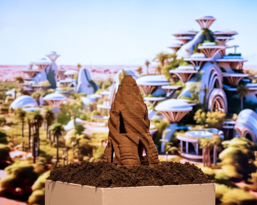Photo from the Fields of Vision exhibition, showing a clay sculpture in front of a futuristic backdrop, as part of an installation