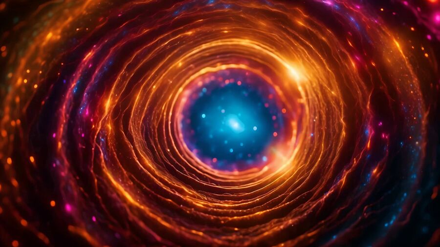 Video still from the artist's video, RAPTURE, showing a vivid digital artwork of a glowing tunnel with swirling orange, pink, and blue light