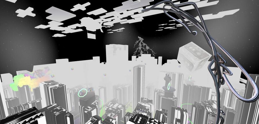 A computer-generated image depicting a modern city skyline filled with tall skyscrapers against a clear blue sky.
