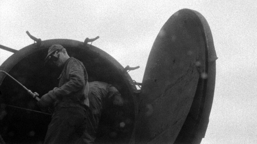 Image still from: The Prologue, 2026, in collaboration with Rhyw, S16mm film transferred to video, 11:27 minutes, black and white, stereo